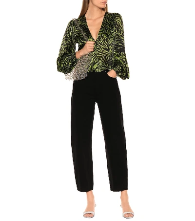 Shop Ganni Tiger-print Stretch-silk Blouse In Green