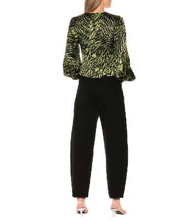 Shop Ganni Tiger-print Stretch-silk Blouse In Green