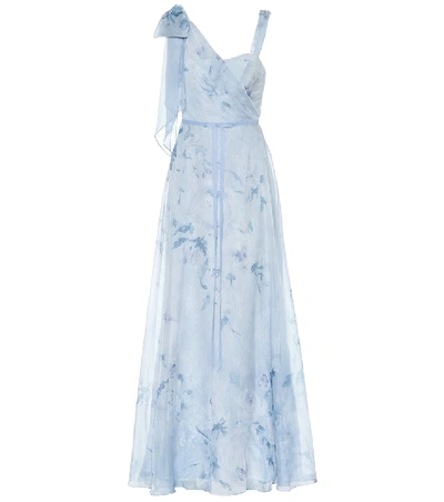 Shop Marchesa Notte Floral Chiffon Gown In Blue