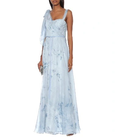 Shop Marchesa Notte Floral Chiffon Gown In Blue