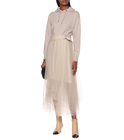 Shop Brunello Cucinelli Tulle Midi Skirt In Beige