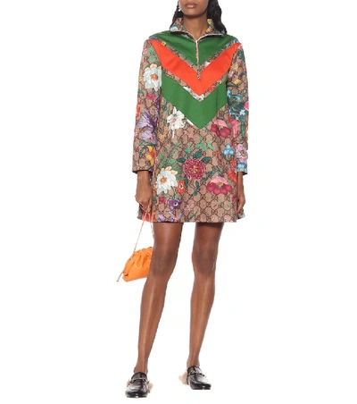 Shop Gucci Gg Flora Technical-jersey Dress In Brown