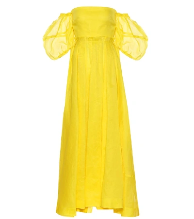 Shop Loewe Leather-trimmed Georgette Dress In Yellow