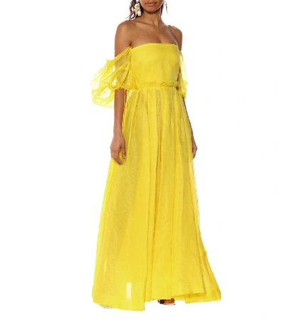 Shop Loewe Leather-trimmed Georgette Dress In Yellow