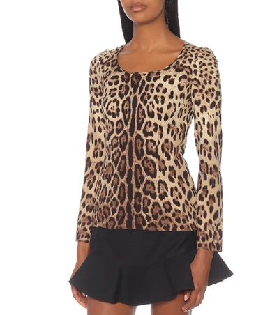 Shop Dolce & Gabbana Leopard-print Stretch-silk Crêpe Top In Brown