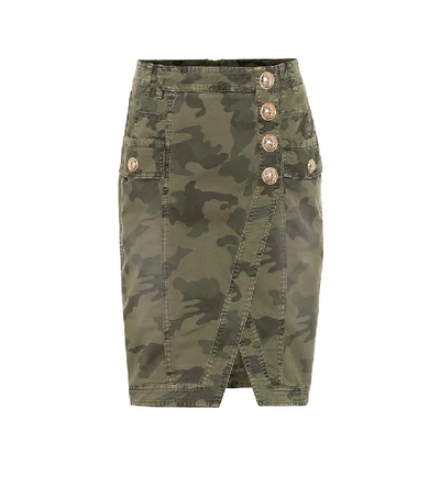 Shop Balmain Camouflage Denim Skirt In Green