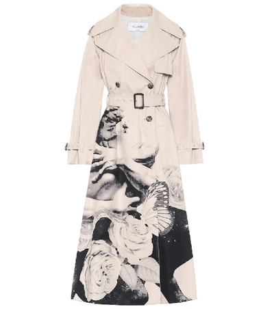 Shop Valentino Printed Cotton Trench Coat In Beige