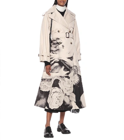 Shop Valentino Printed Cotton Trench Coat In Beige