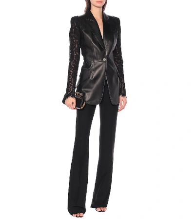 Shop Alexander Mcqueen Lace-trimmed Leather Blazer In Black