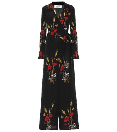 Shop Valentino Floral-printed Silk Jumpsuit In Black