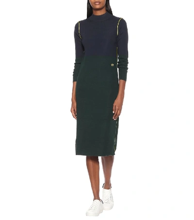 Shop Tory Sport Color-block Cashmere-blend Dress In Green