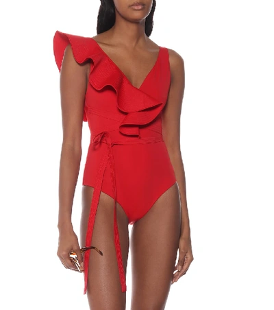 Shop Johanna Ortiz Cerca De La Bahia Ruffled Swimsuit In Red