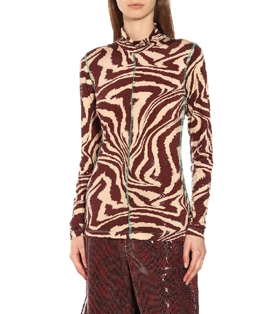 Shop Ganni Tiger-print Foil-jersey Mockneck Top In Brown