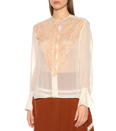 Shop Chloé Georgette And Lace Blouse In Beige