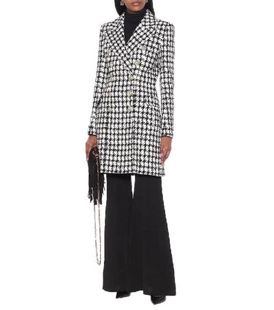 Shop Balmain Houndstooth Cotton-blend Coat In Black