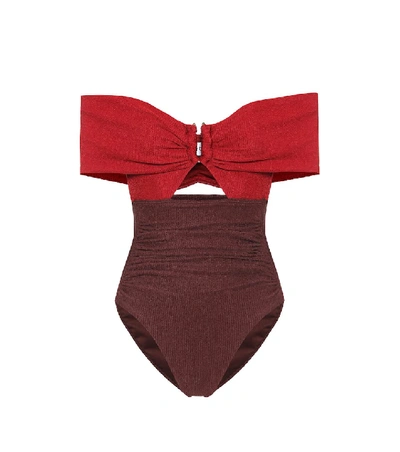 Shop Self-portrait Colorblocked One-piece Swimsuit In Red