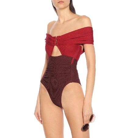 Shop Self-portrait Colorblocked One-piece Swimsuit In Red