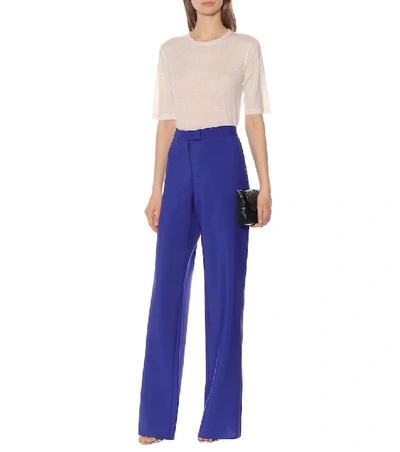 Shop Ferragamo High-rise Wide Mohair-blend Pants In Blue