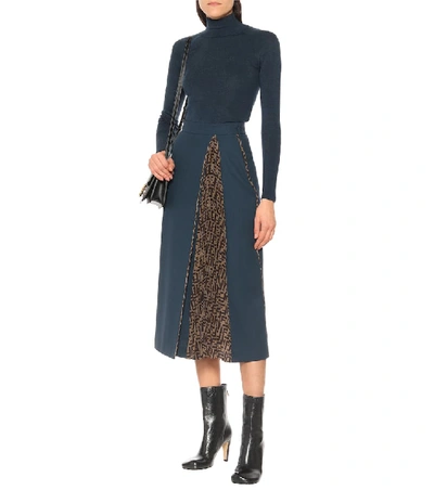 Shop Fendi Wool-crêpe Midi Skirt In Blue