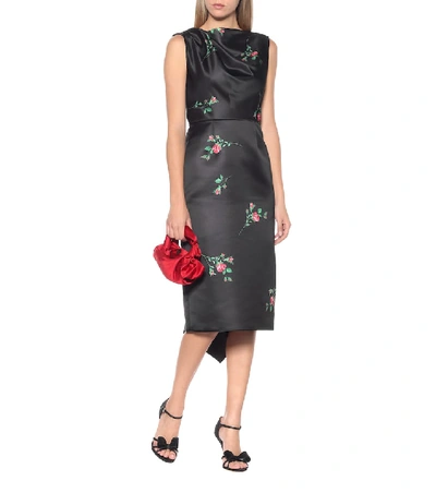 Shop Rochas Floral Satin Midi Dress In Black