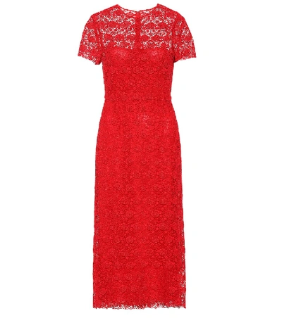 Shop Valentino Floral Lace Midi Dress In Red