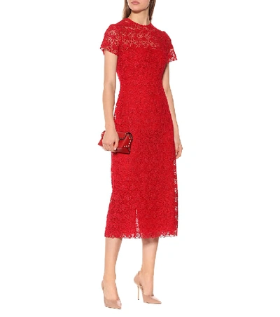 Shop Valentino Floral Lace Midi Dress In Red