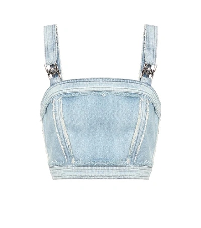 Shop Balmain Denim Crop Top In Blue