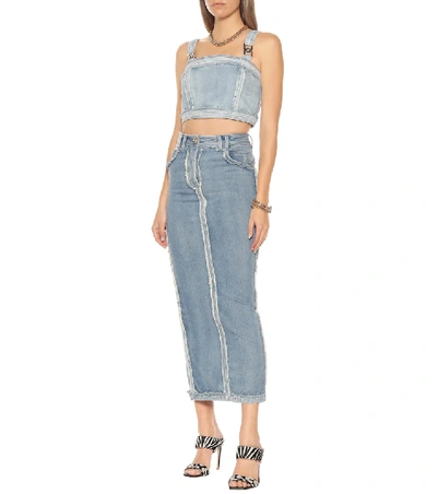 Shop Balmain Denim Crop Top In Blue