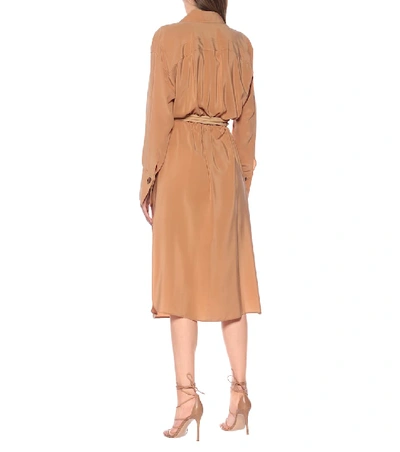 Shop Fendi Silk Midi Shirt Dress In Beige