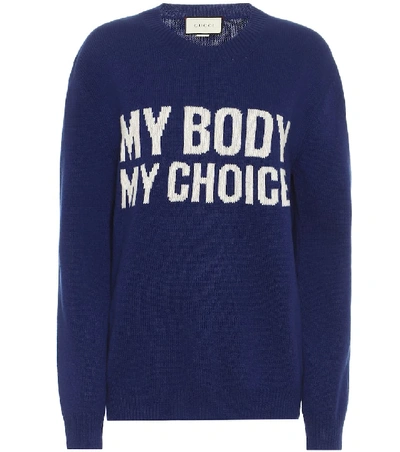 Gucci My Body My Choice Intarsia-knit Wool Sweater In Blue | ModeSens