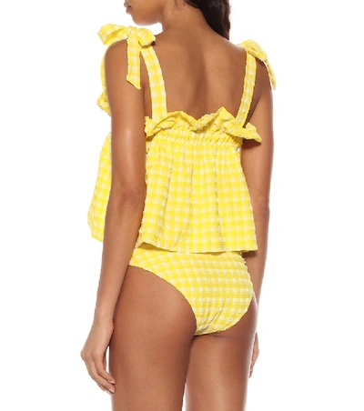 Shop Ganni Checked Seersucker Bikini Bottoms In Yellow