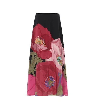 Shop Valentino Floral Silk Skirt In Red