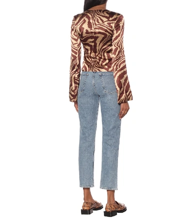 Shop Ganni Tiger-print Stretch-silk Blouse In Brown