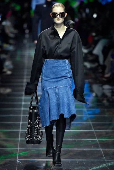 Shop Balenciaga High-rise Denim Godet Skirt In Blue