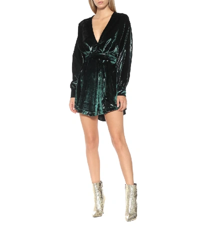 Shop Balmain Metallic Velvet Minidress In Green