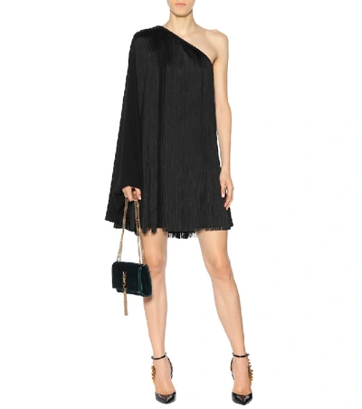 Shop Saint Laurent Fringed One-shoulder Minidress In Black