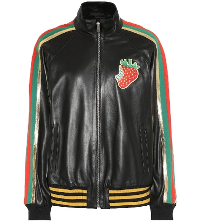 Shop Gucci Appliquéd Leather Bomber Jacket In Black