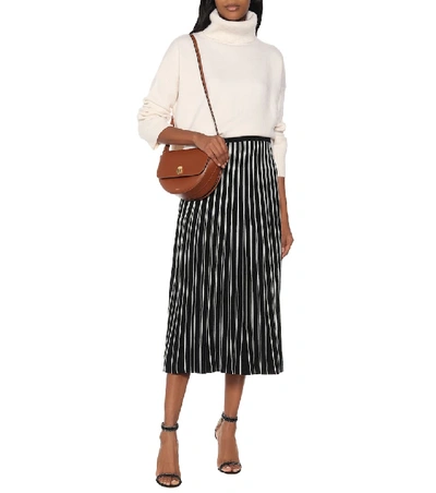 Shop Tory Burch Pleated Striped Knit Midi Skirt In Black