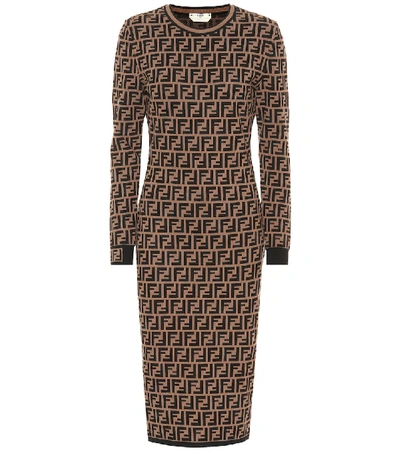 Shop Fendi Ff Knit Midi Dress In Brown