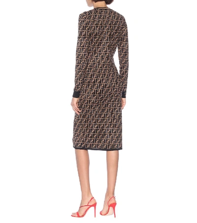 Shop Fendi Ff Knit Midi Dress In Brown