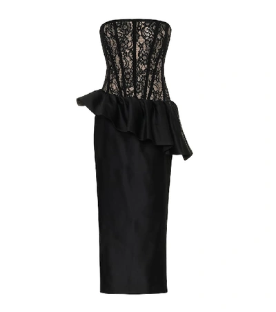 Shop Rasario Lace And Satin Midi Dress In Black