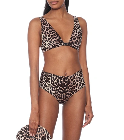 Shop Ganni Leopard-print Bikini Top In Beige