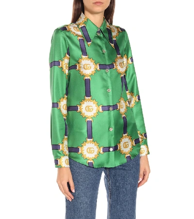 Shop Gucci Printed Silk-twill Blouse In Green