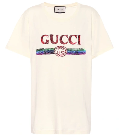 Shop Gucci Sequinned Cotton T-shirt In Beige