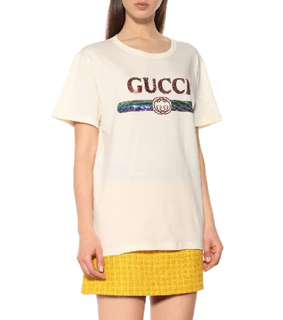 Shop Gucci Sequinned Cotton T-shirt In Beige