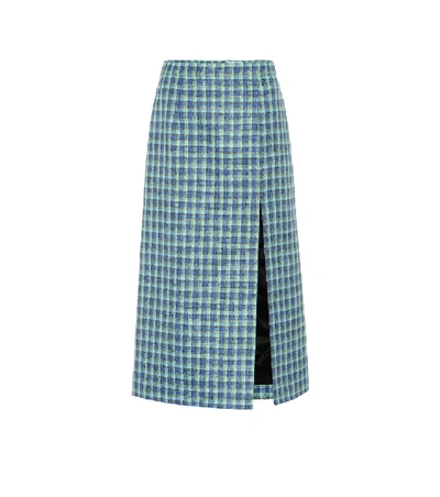 Shop Balenciaga Checked Wool Pencil Skirt In Blue