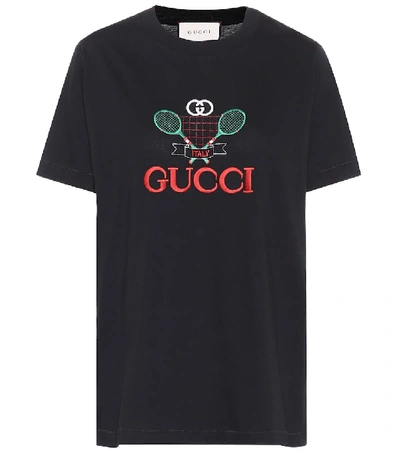 Shop Gucci Embroidered Cotton T-shirt In Black