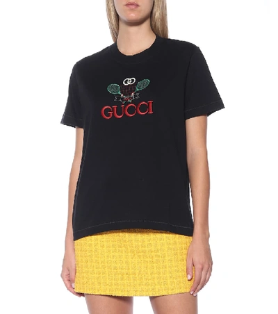 Shop Gucci Embroidered Cotton T-shirt In Black