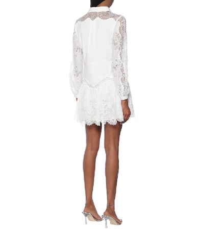Shop Self-portrait Lace-trimmed Mini Shirt Dress In White