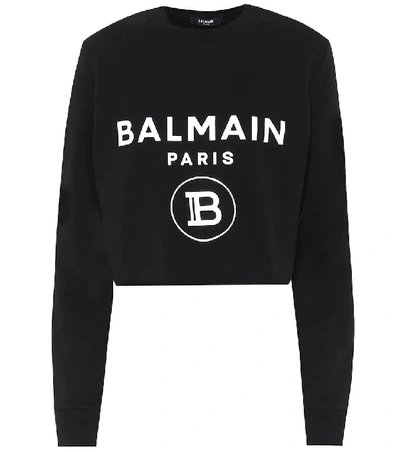 Shop Balmain Cropped Stretch-cotton Sweatshirt In Black